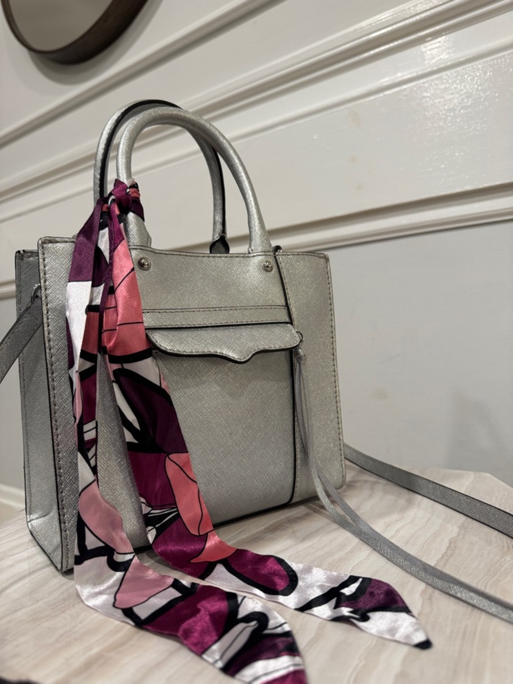 Rebecca Minkoff Bag Mini Tote M.A.B. Silver Saffiano Leather Crossbody
